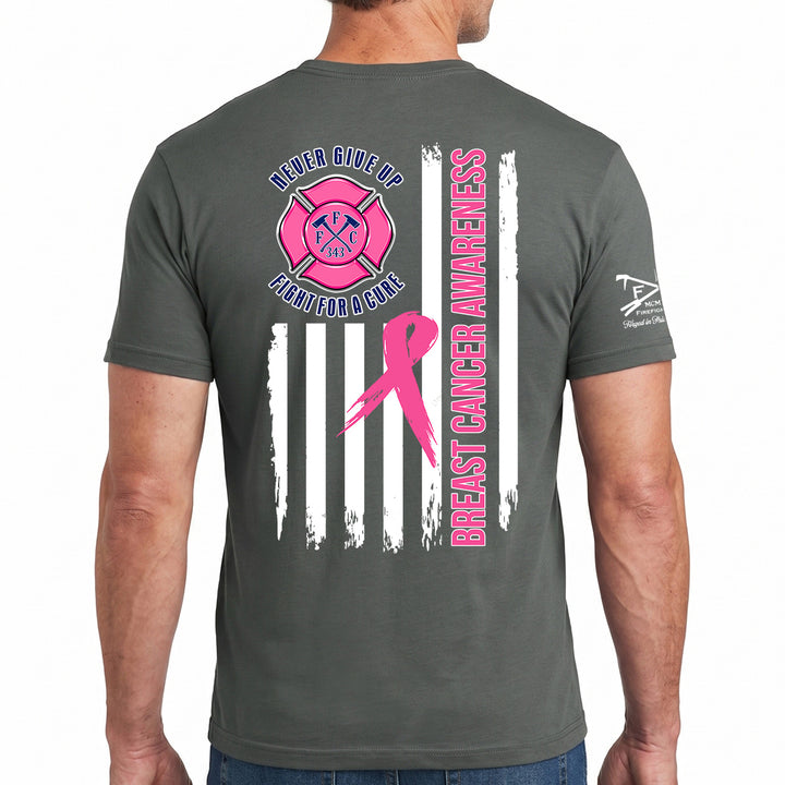 A man wearing a dark gray t-shirt, viewed from the back. The shirt features a large graphic design for breast cancer awareness, including a pink ribbon, a fire department badge, and vertical text reading 'BREAST CANCER AWARENESS' #color_charcoal