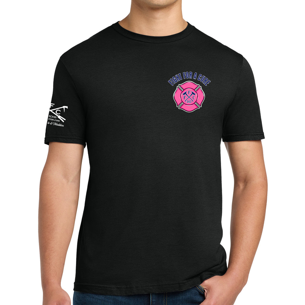 A man wearing a black short-sleeve t-shirt with a pink and blue 'Firefighter' graphic on the left chest and a white graphic on the right sleeve, shown against a plain white background. #color_black