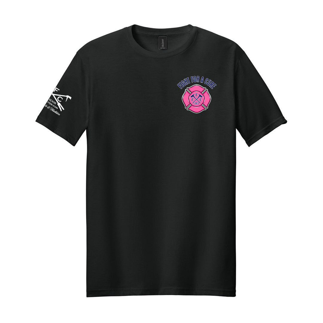 A black short-sleeve crewneck t-shirt featuring a pink and blue 'Firefighter Saved' emblem on the left chest and a white graphic on the right sleeve, displayed against a solid white background. #color_black