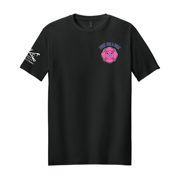 A black short-sleeve crewneck t-shirt featuring a pink and blue 'Firefighter Saved' emblem on the left chest and a white graphic on the right sleeve, displayed against a solid white background. #color_black