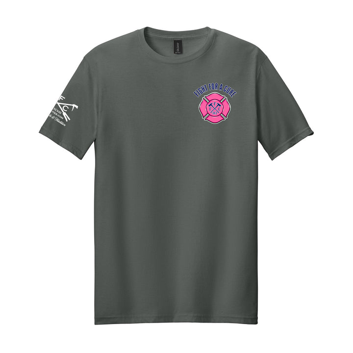 A dark gray crewneck t-shirt featuring a fight for a cure, breast cancer awareness shirt #color_charcoal