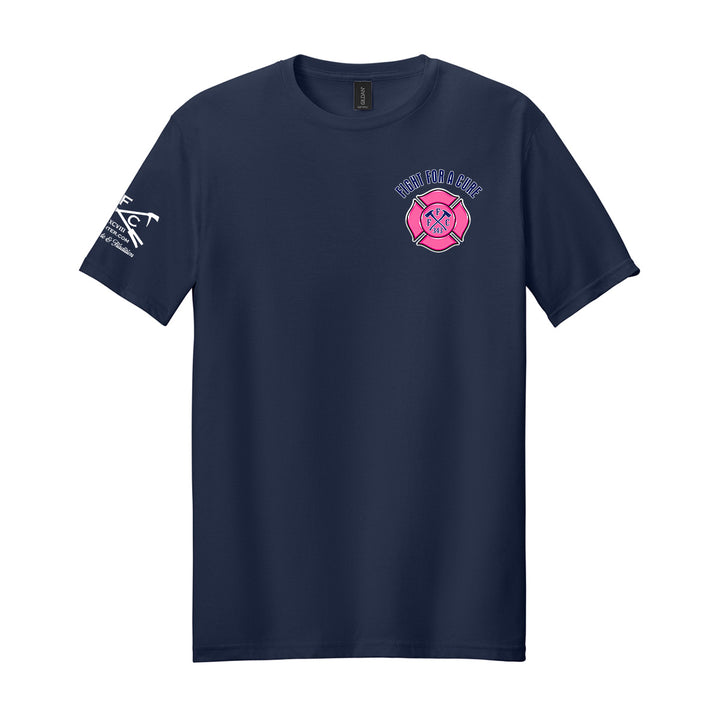 A navy blue short-sleeve crewneck t-shirt with a breast cancer awareness design #color_navy