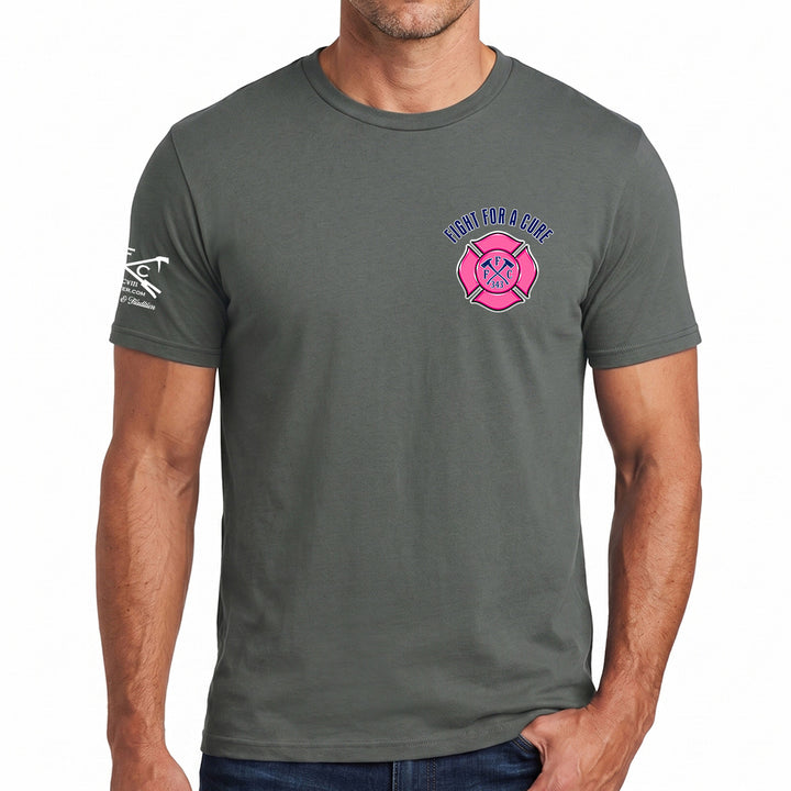 A man wearing a dark gray crewneck t-shirt with a pink and blue fire department graphic on the left chest and a white graphic on the right sleeve, shown against a plain white  background. #color_charcoal