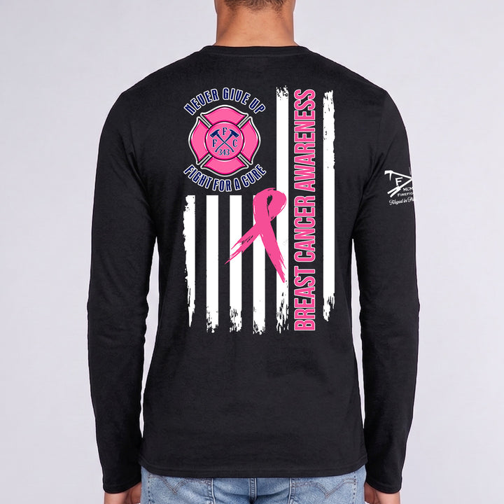 A man viewed from the back wearing a black long-sleeve t-shirt with a large pink and white graphic on the back. The graphic features a breast cancer awareness #color_black