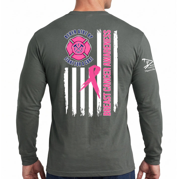 A man wearing a dark gray long-sleeve t-shirt, viewed from the back. The shirt features a large graphic print with breast cancer awareness design #color_charcoal