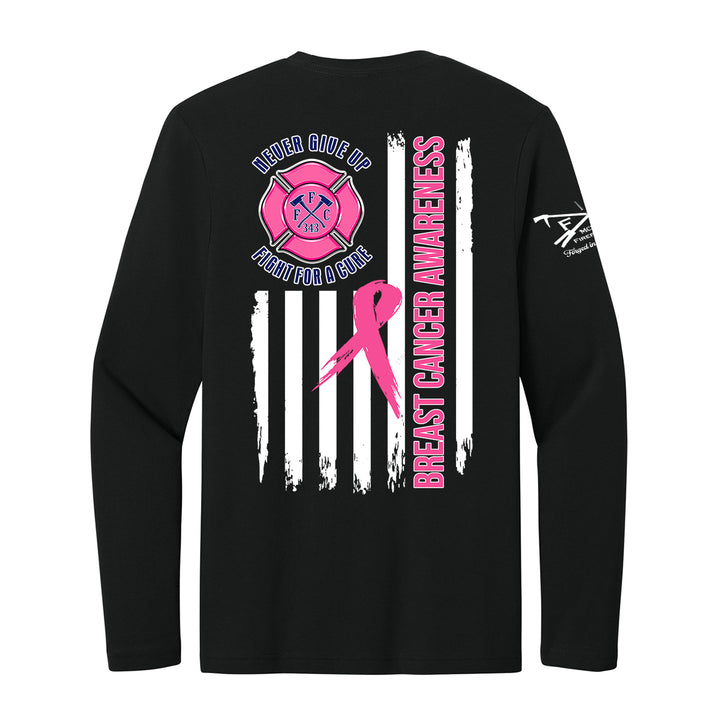 Black long-sleeve t-shirt with a large back graphic featuring a pink breast cancer ribbon, Breast Cancer Awareness'. A small white logo is visible on the left sleeve. #color_black