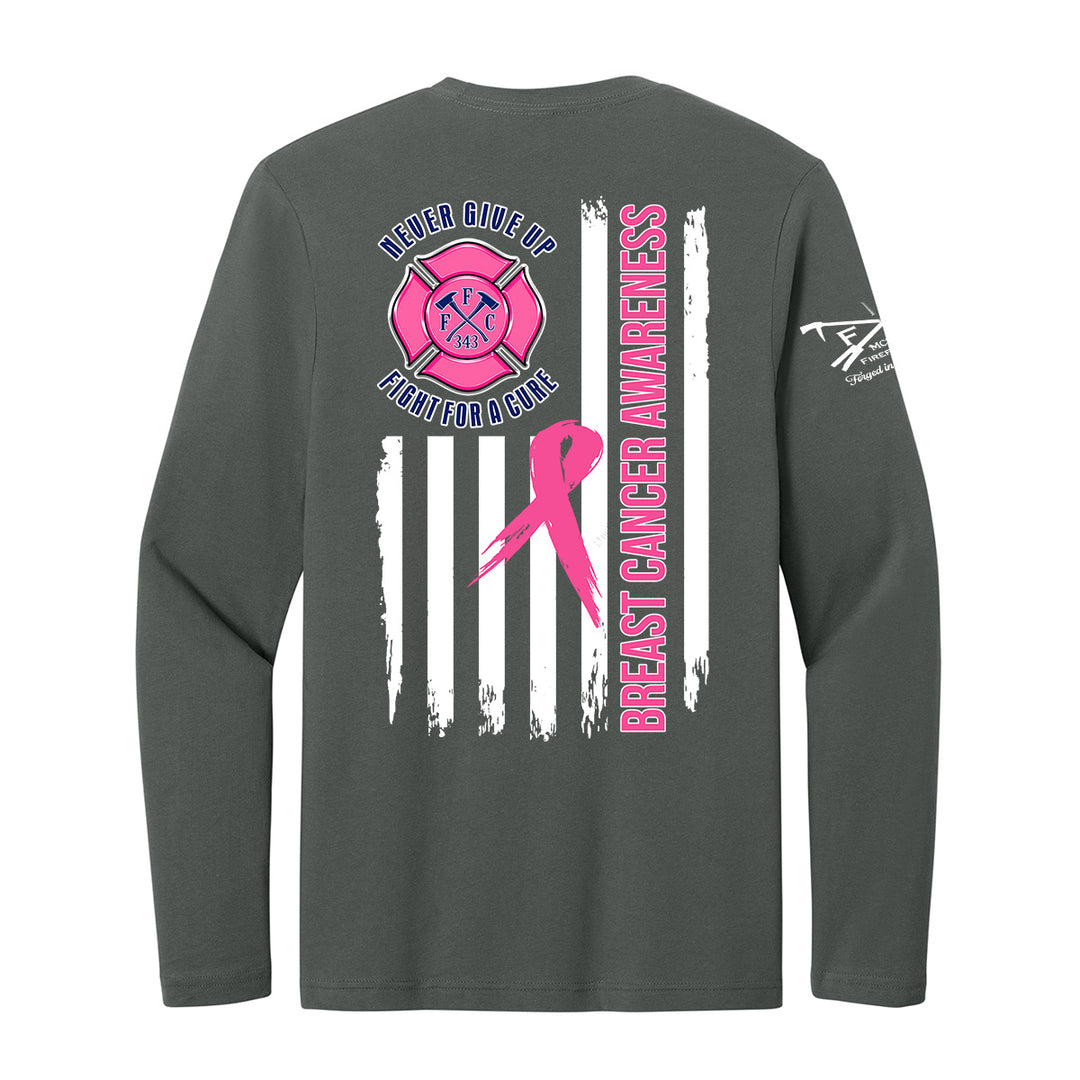 A dark gray long-sleeve t-shirt shown from the back, featuring a breast cancer awareness graphic with a pink ribbon, a fire department cross, and distressed white and pink vertical stripes. #color_charcoal