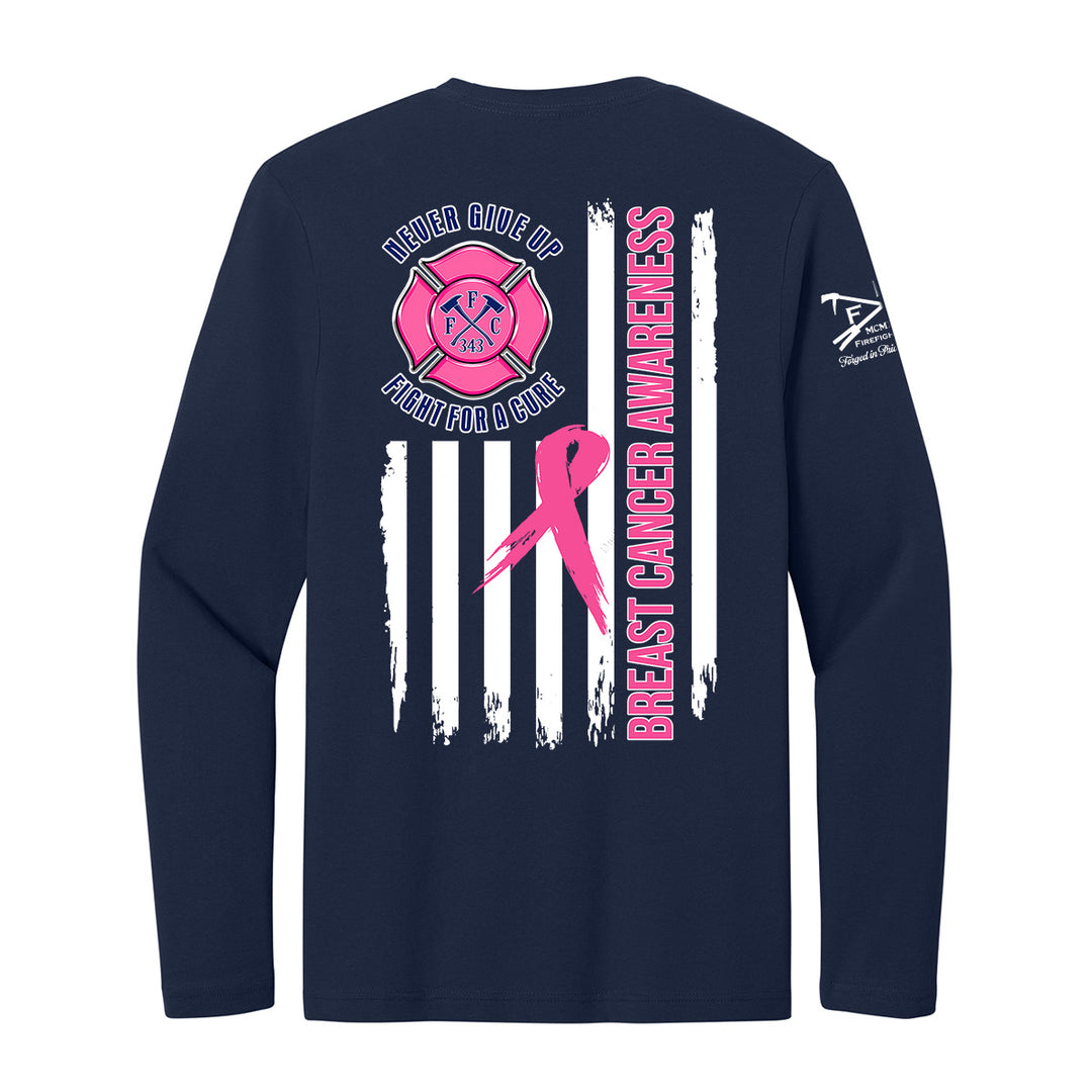 A navy blue long-sleeve t-shirt shown from the back, featuring a breast cancer awareness design #color_navy