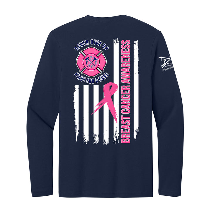 A navy blue long-sleeve t-shirt shown from the back, featuring a breast cancer awareness design #color_navy