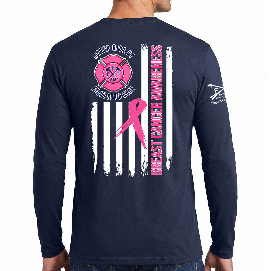 A man wearing a navy blue long-sleeve t-shirt, viewed from the back. The shirt features a pink and white graphic design BREAST CANCER AWARENESS'.  #color_navy