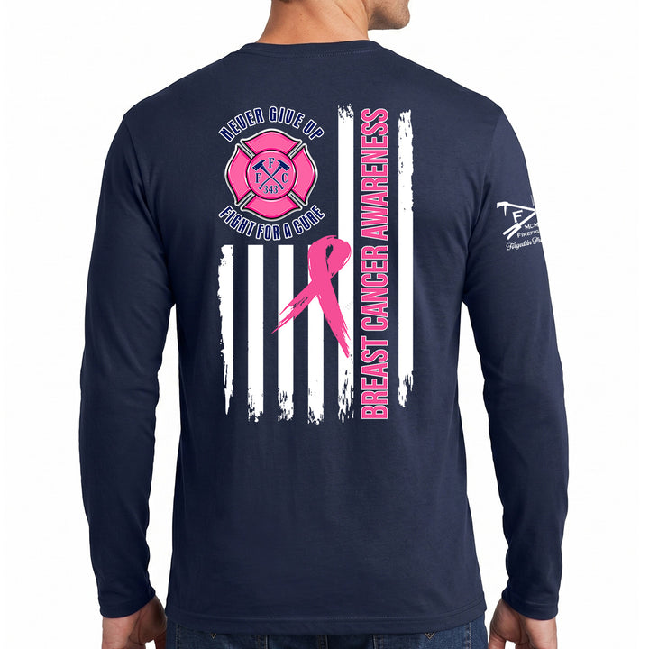 A man wearing a navy blue long-sleeve t-shirt, viewed from the back. The shirt features a pink and white graphic design BREAST CANCER AWARENESS'.  #color_navy