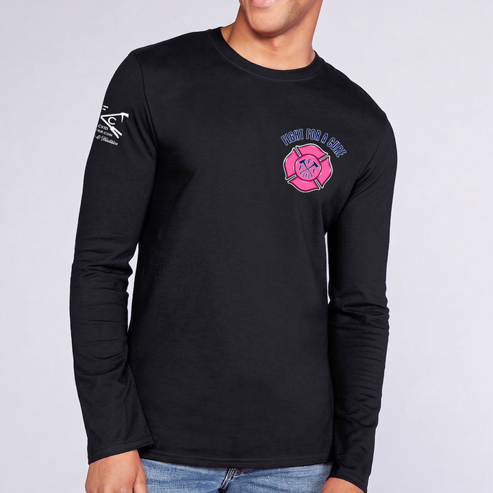 A man wearing a black long-sleeve breast awareness t-shirt #color_black