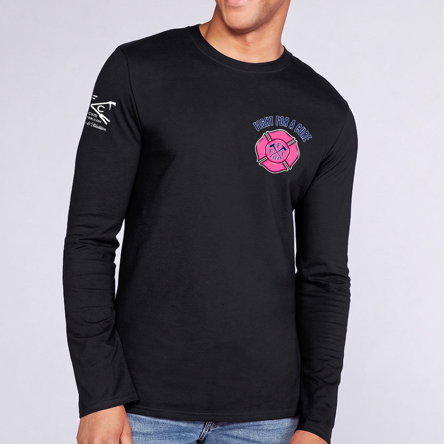 A man wearing a black long-sleeve breast awareness t-shirt #color_black