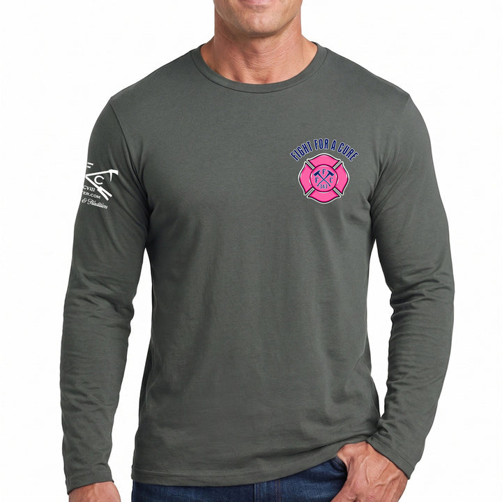 A man wearing a dark grey long-sleeve t-shirt with breast cancer awareness design #color_charcoal