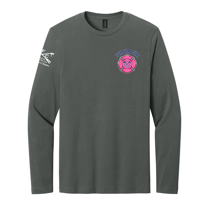 A dark gray long-sleeve t-shirt with a breast cancer awareness design #color_charcoal