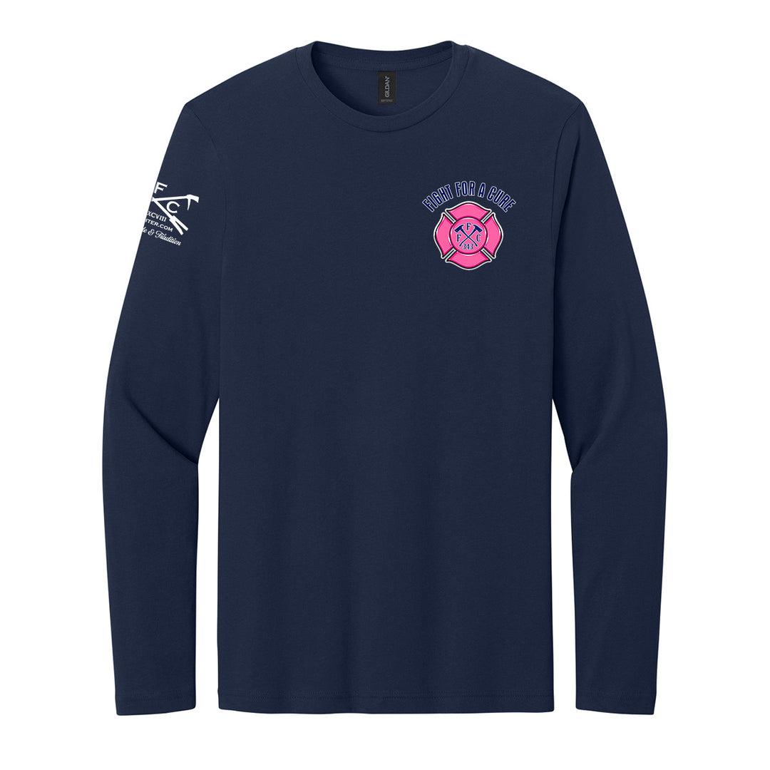 A navy blue long-sleeve t-shirt with a breast cancer awareness design #color_navy