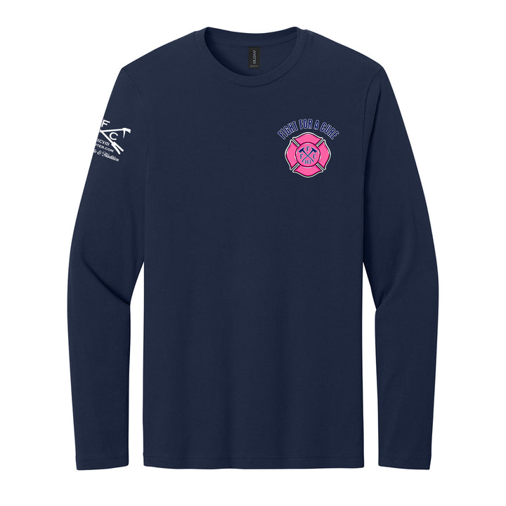 A navy blue long-sleeve t-shirt with a breast cancer awareness design #color_navy