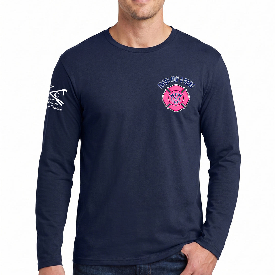A man wearing a navy blue long-sleeve t-shirt with a breast cancer awareness design #color_navy