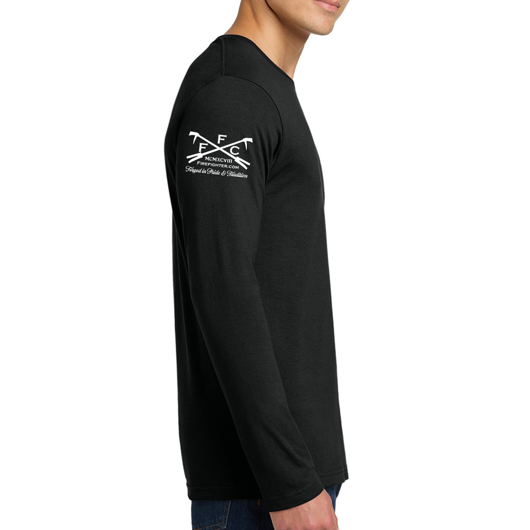 A man wearing a black long-sleeve t-shirt with an offical logo of firefighther.com #color_black