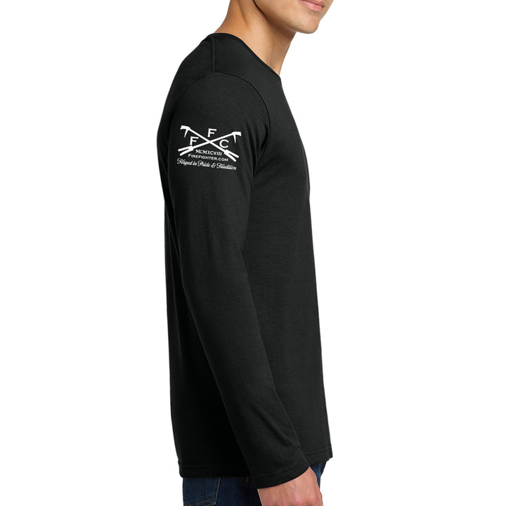 A man wearing a black long-sleeve t-shirt with an offical logo of firefighther.com #color_black