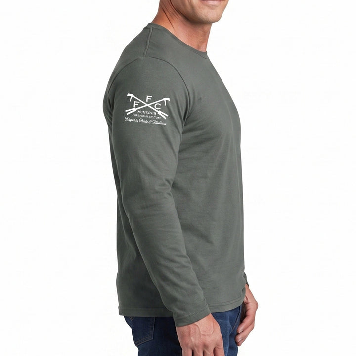 A man wearing a dark grey long-sleeve t-shirt with a white ffc logo #color_charcoal