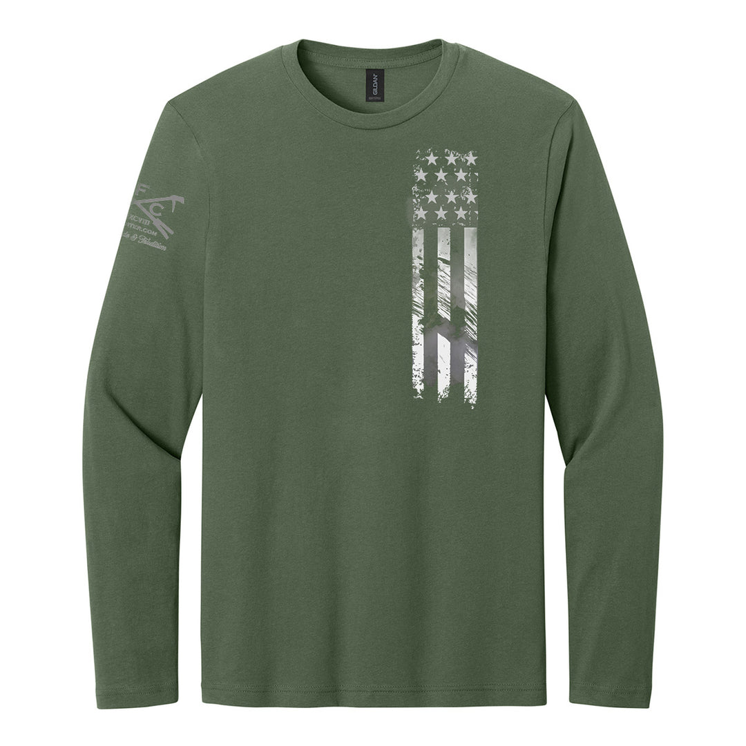 An olive green long-sleeve t-shirt with a distressed vertical American flag graphic on the left chest and a gray eagle logo on the right sleeve, shown on a plain white background. #color_military-green