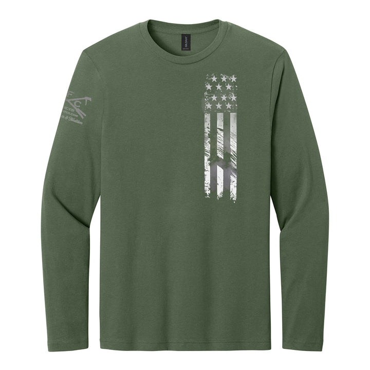 An olive green long-sleeve t-shirt with a distressed vertical American flag graphic on the left chest and a gray eagle logo on the right sleeve, shown on a plain white background. #color_military-green