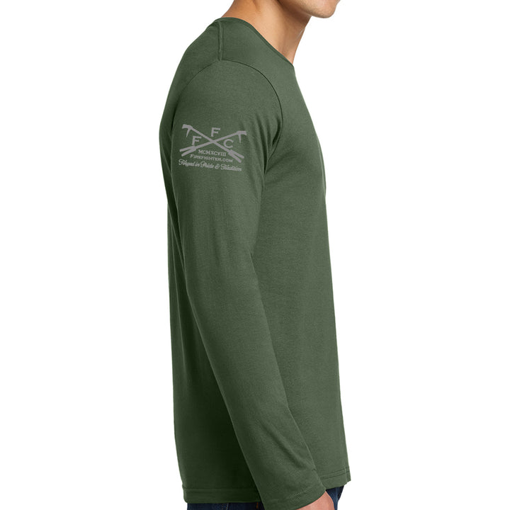A man wearing a long-sleeve crewneck t-shirt in olive green, shown from a side profile against a FFC logo #color_military-green