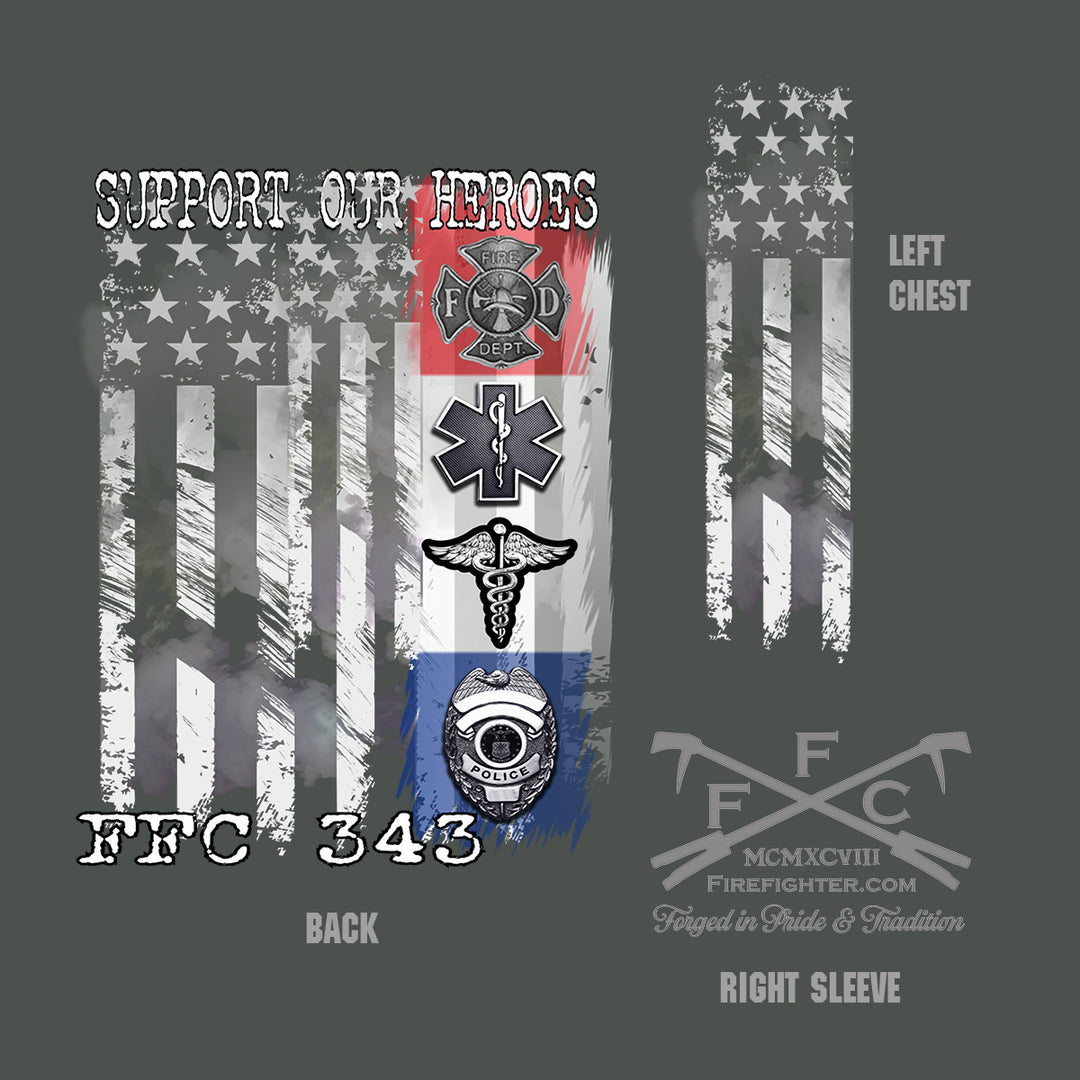 A digital mockup showing a tactical t-shirt design with two views: a full back graphic featuring a distressed black and white American flag, a central vertical stripe with red, white, and blue sections containing firefighter and medical emblems, and the text 'SUPPORT OUR HEROES' and 'FFC 343'. A smaller inset on the right shows the 'LEFT CHEST' view, which features a vertical distressed American flag on the chest. #color_charcoal