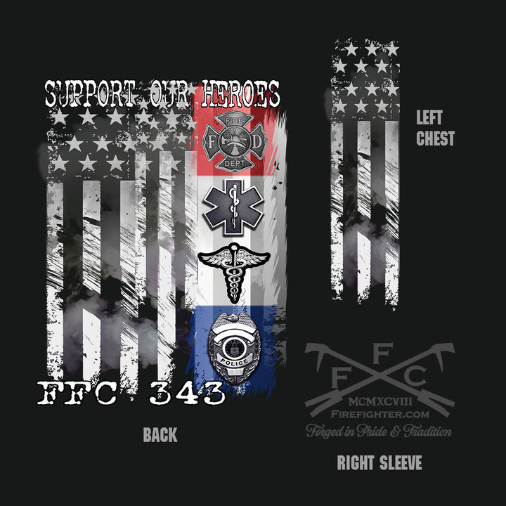 A black graphic design showing two distressed American flag layouts for a firefighter-themed apparel print. The larger left design includes the text 'SUPPORT OUR HEROES', 'FFC 343', 'BACK', and a central vertical stripe with red, white, blue, black, and silver firefighter insignia.
