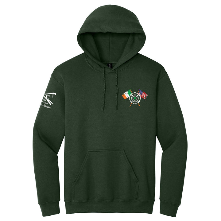 A dark forest green pullover hoodie with a kangaroo pocket, featuring a small multicolor graphic on the left chest and a white graphic on the right sleeve, displayed against a solid white background. #color_forest-green