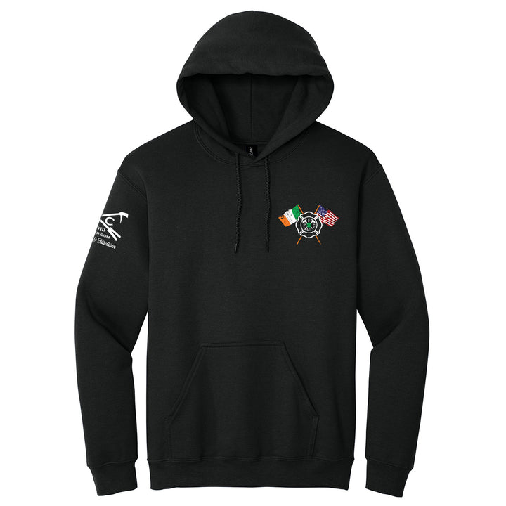 A black pullover hoodie with a drawstring hood and kangaroo pocket, featuring a small multicolor graphic on the left chest and a white graphic on the right sleeve, shown against a plain white background. #color_black