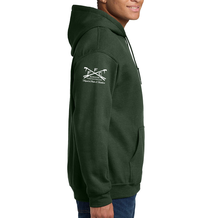 A side-profile view of a person wearing a dark forest green pullover hoodie with a white printed FFC logo on the upper right sleeve. 