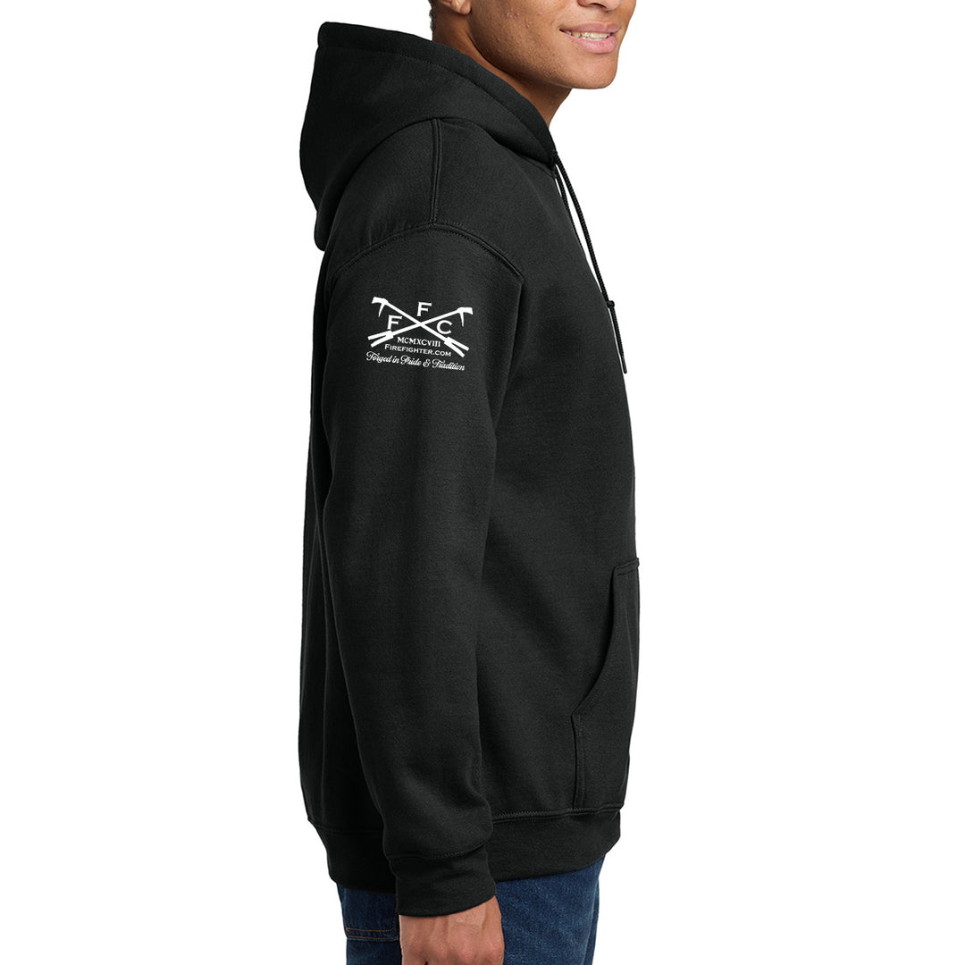A man wearing a black pullover hoodie with a white printed FFC logo on the right sleeve, shown in a side-profile view against a plain white background. #color_black