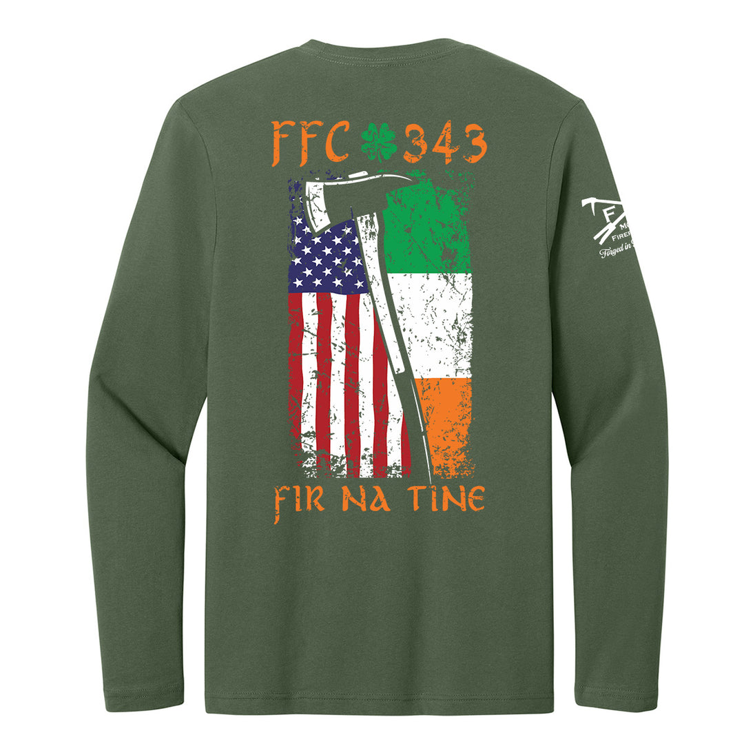 Green long-sleeve t-shirt shown from the back, featuring a distressed graphic of the American flag and the Irish flag with an axe, along with the text 'FFC 343' and 'FIR NA TINE'. #color_military-green
