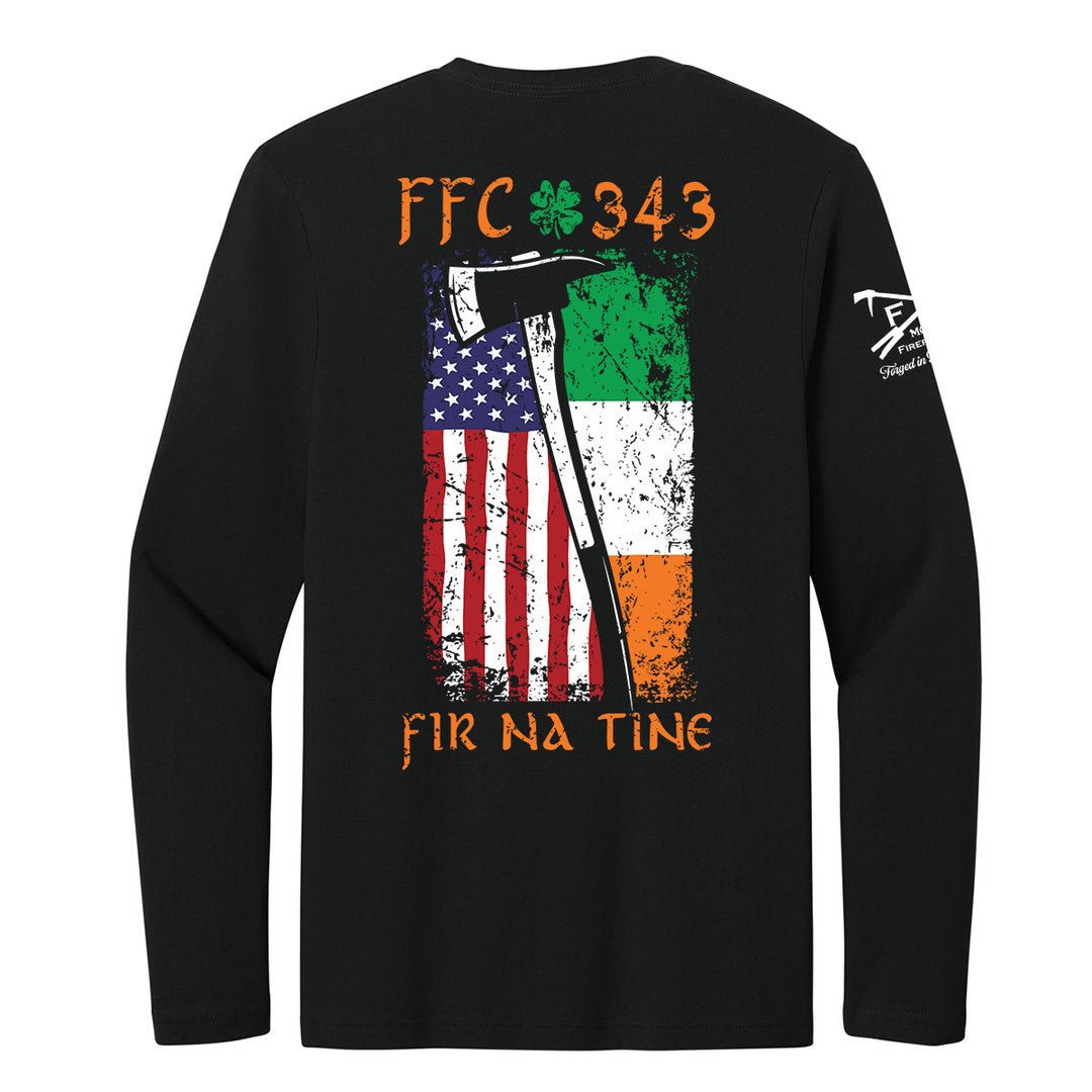 Black long-sleeve t-shirt showing the back graphic with 'FFC 343' and 'FIR NA TINE' in orange, featuring a distressed American and Irish flag design with an axe. #color_black