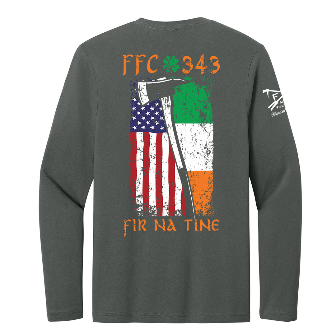A dark gray long-sleeve t-shirt shown from the back, featuring a distressed graphic of the American flag and the Irish flag with an axe, along with the text 'FFC 343' and 'FIR NA TINE'. #color_charcoal