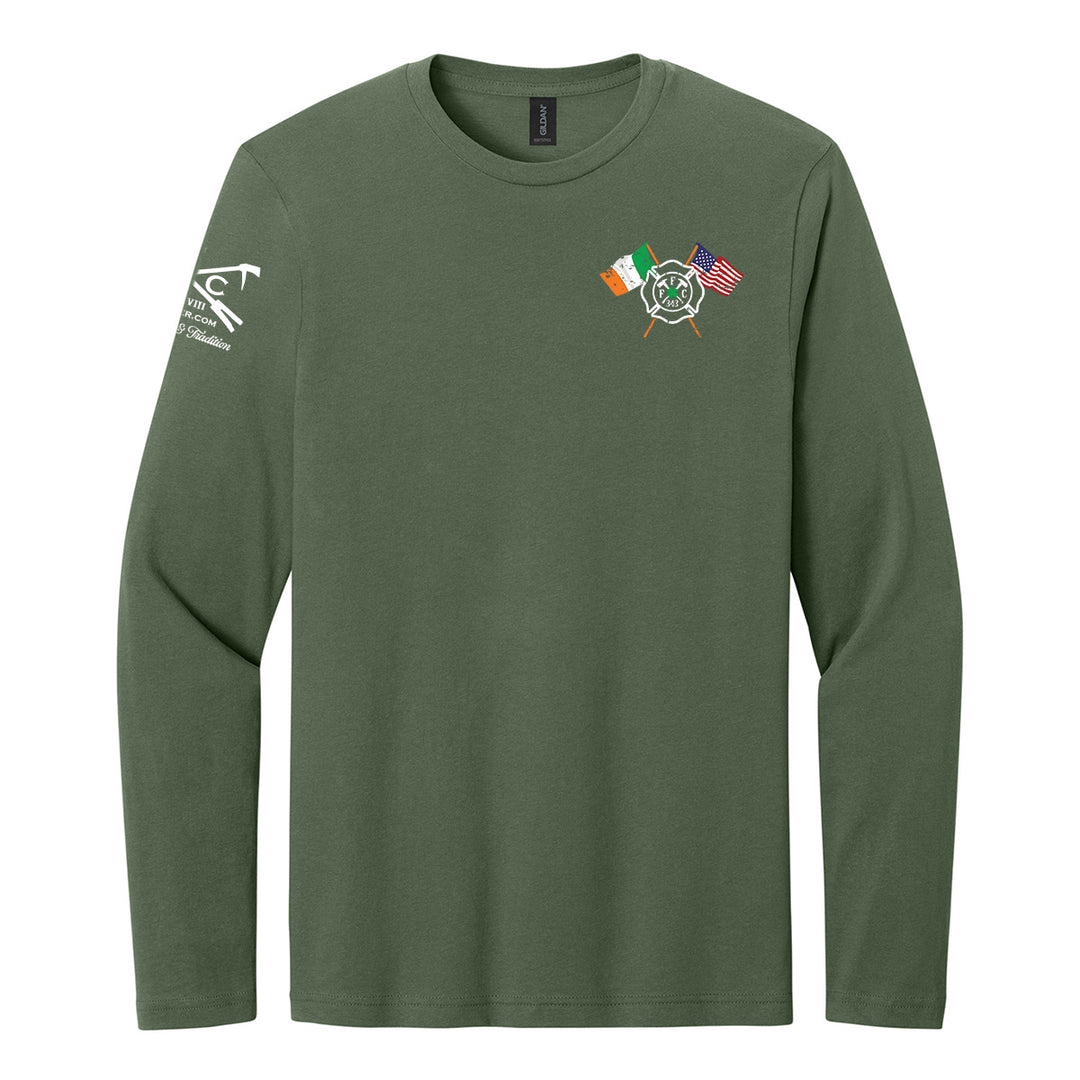 green long-sleeve t-shirt with a small chest graphic featuring crossed flags (Irish flag, US flag) and a ship's wheel emblem, alongside a white graphic on the right sleeve. #color_military-green