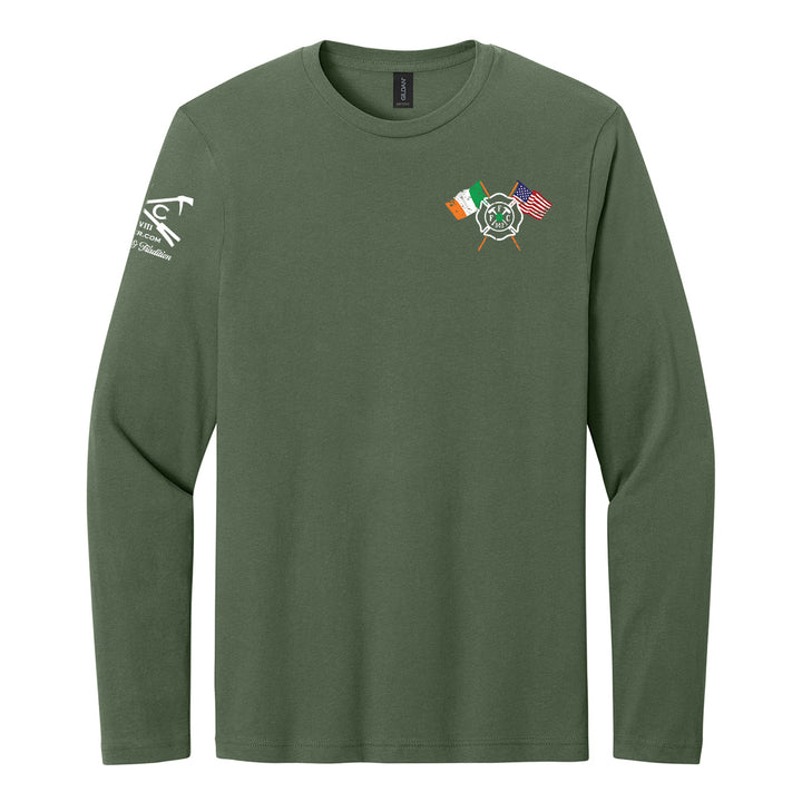 green long-sleeve t-shirt with a small chest graphic featuring crossed flags (Irish flag, US flag) and a ship's wheel emblem, alongside a white graphic on the right sleeve. #color_military-green