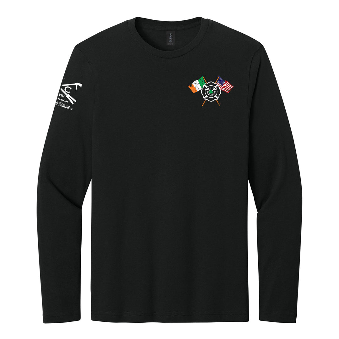 A black long-sleeve crewneck shirt with a small chest graphic featuring crossed flags and a central emblem, and a white graphic on the right sleeve, shown against a plain white background. #color_black