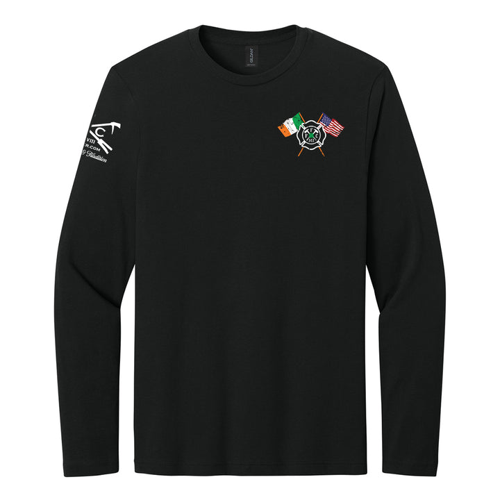 A black long-sleeve crewneck shirt with a small chest graphic featuring crossed flags and a central emblem, and a white graphic on the right sleeve, shown against a plain white background. #color_black