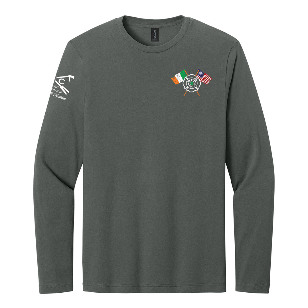 A dark gray long-sleeve crewneck shirt with a small graphic on the left chest featuring crossed flags and a central emblem, and a white graphic on the right sleeve. #color_charcoal