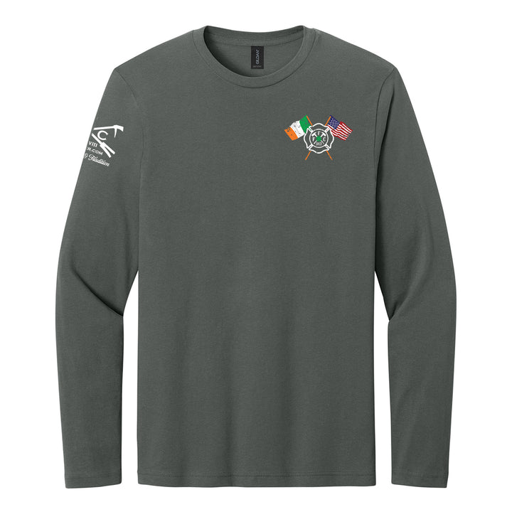 A dark gray long-sleeve crewneck shirt with a small graphic on the left chest featuring crossed flags and a central emblem, and a white graphic on the right sleeve. #color_charcoal