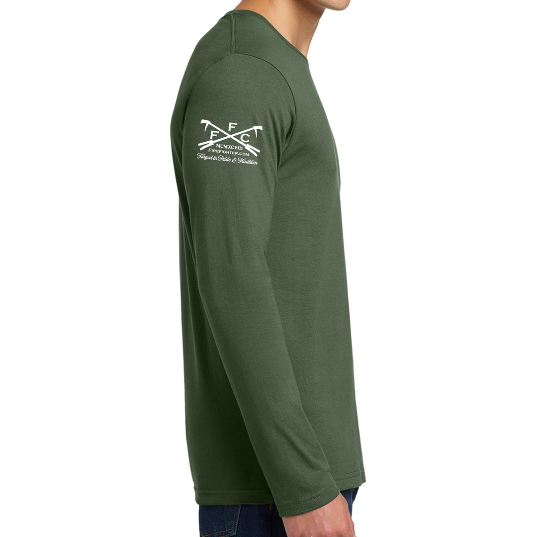 A man wearing a dark green long-sleeve t-shirt with a white FFC logo, shown from a side profile against a white background.