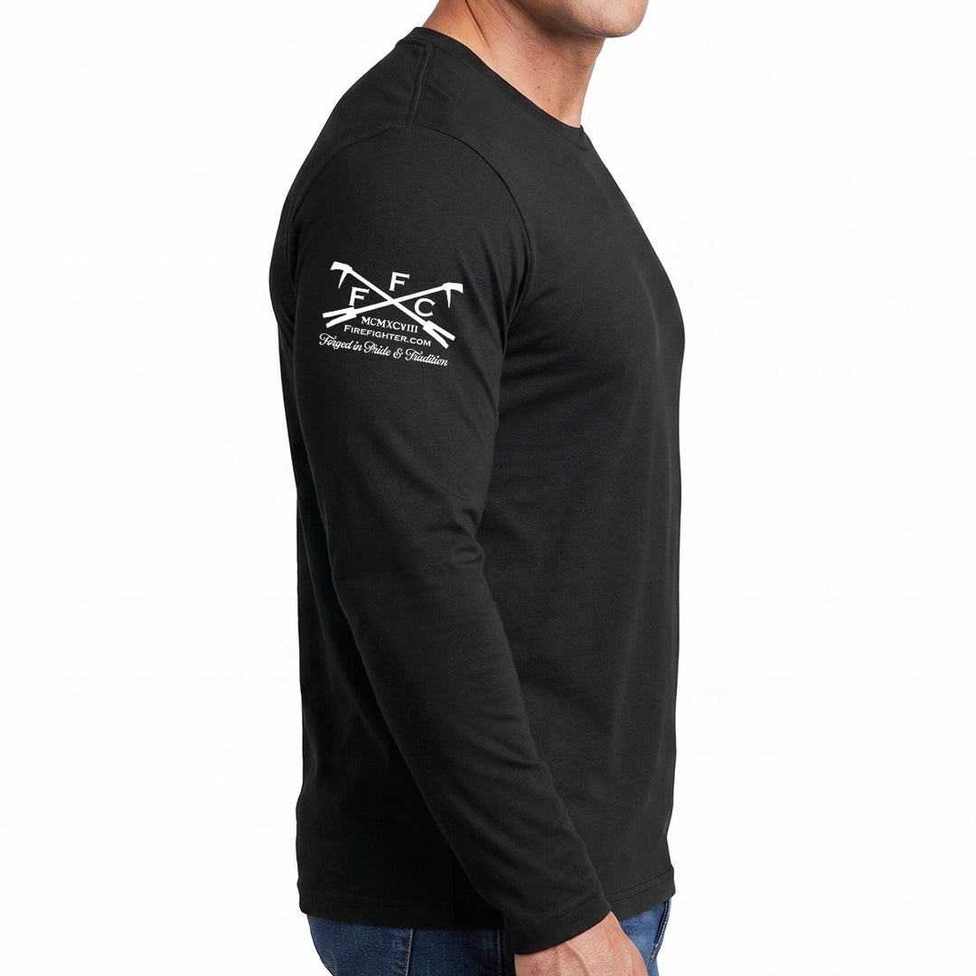 A man wearing a black long-sleeve t-shirt with a white FFC printed logo on the right shoulder, shown from a side profile against a white background. #color_black