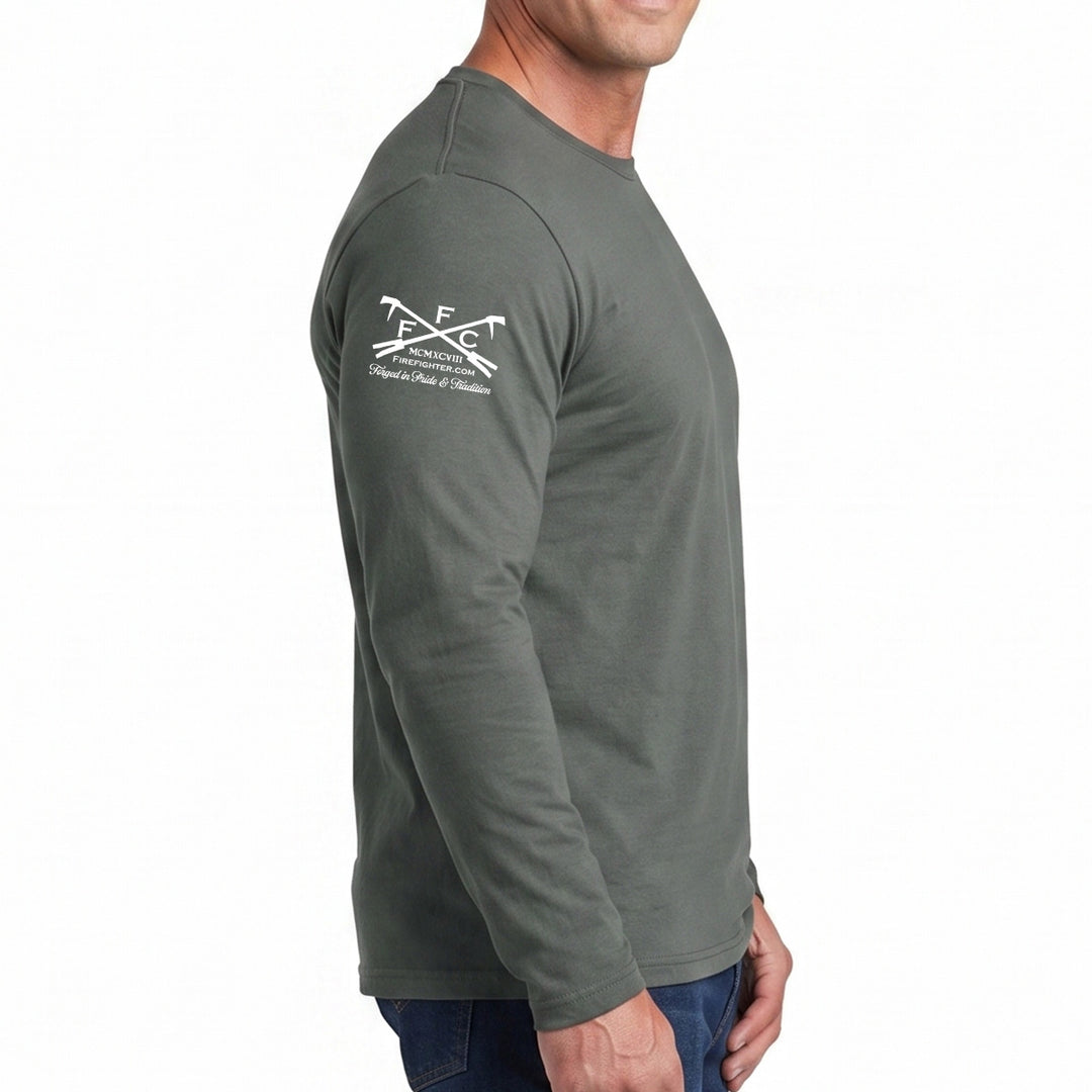 A man wearing a long-sleeve crewneck t-shirt in grey, shown from a side profile against a white background. The shirt features a white printed FFC logo on the upper right shoulder #color_charcoal