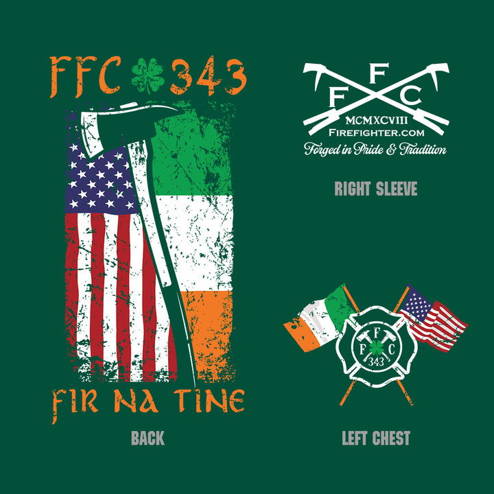 A green graphic design layout for a firefighter apparel print, showing two front/printed placement options: right sleeve and left chest. The design includes orange 'FFC 343' text, a shamrock, a distressed American flag, and an Irish tricolor with an axe. #color_kelly-green