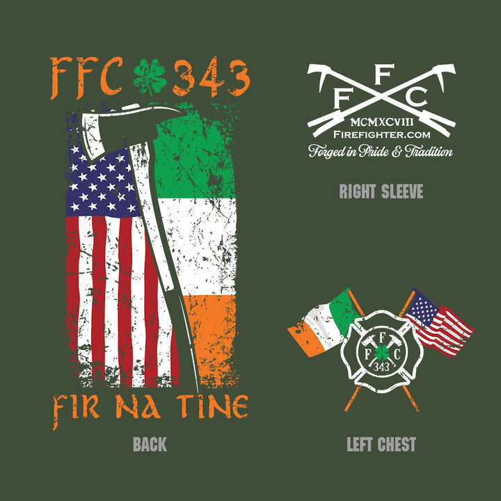 A flat graphic layout showing two printed design options for a fire department shirt on a dark olive green background. The top-left design reads 'FFC 343' with an axe over a distressed American flag and Irish flag, labeled 'BACK'. #color_military-green