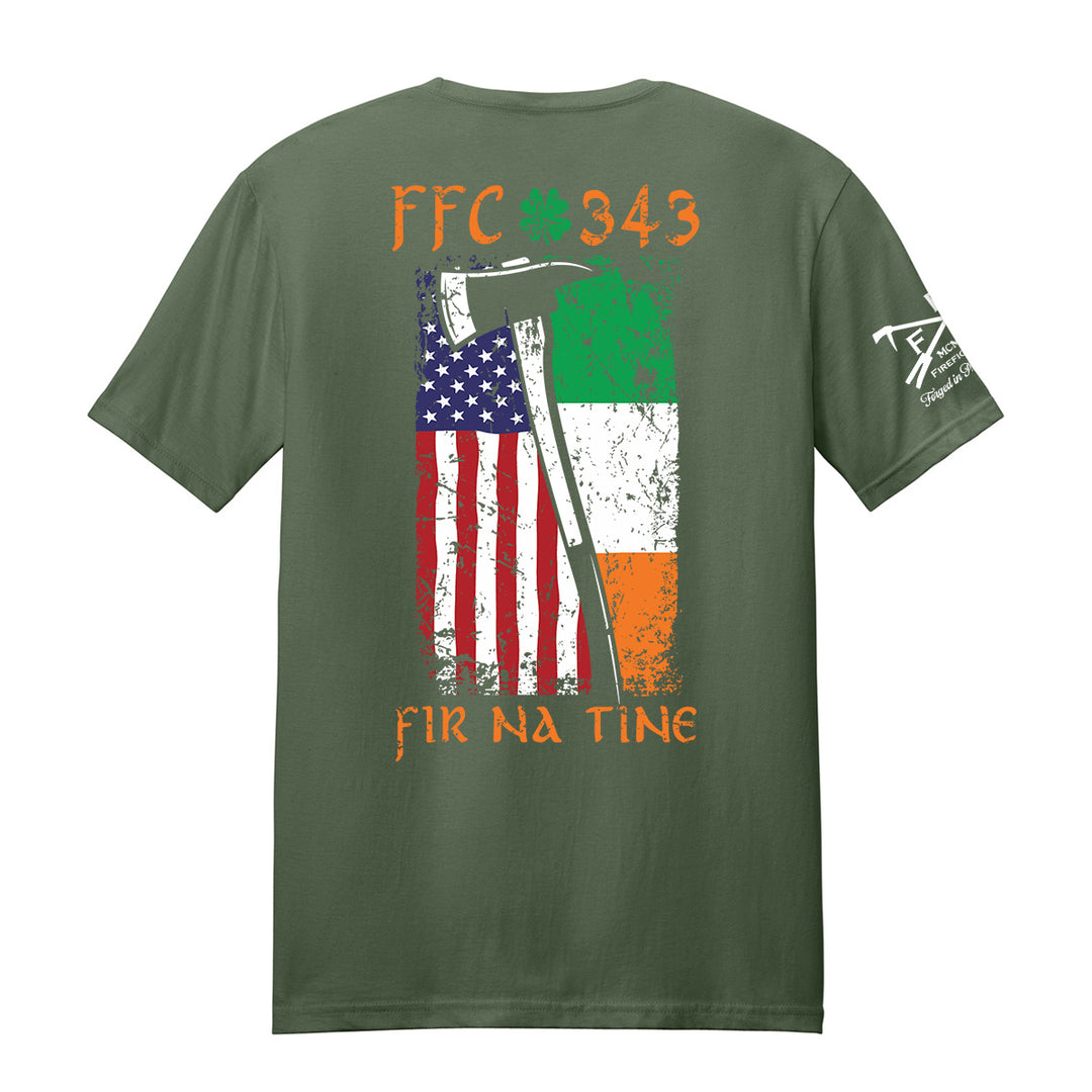 A green t-shirt shown from the back, featuring a distressed graphic of an axe over an American flag and the Irish flag, with 'FFC 343' and 'FIR NA TINE' #color_military-green