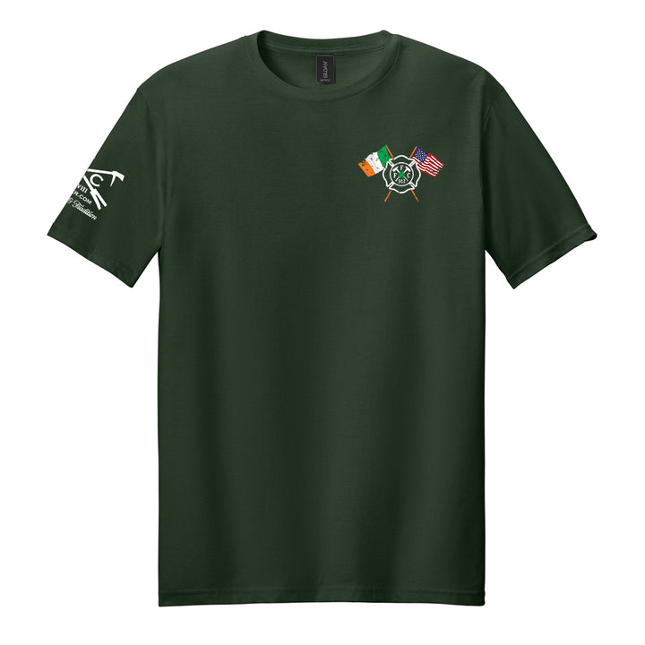 A dark forest green short-sleeve t-shirt with a small graphic on the left chest featuring crossed flags and a central emblem, and a white graphic on the right sleeve. #color_forest-green